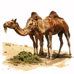 two brown camels standing side by side with one eating something