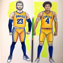 a drawing of two basketball players one with his number on it and the other with his name written on it,two drawings of different players from each team in jerseys