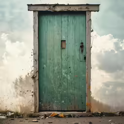 a green door with a lot of bullet holes on it
