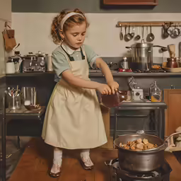 a little girl in a kitchen with a pot and pan