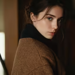 a woman with blue eyes is looking to her right