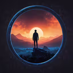 a person standing in front of a sun with mountains in the background,man standing at the edge of a mountain staring into the distance