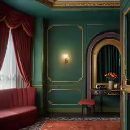 a bedroom with green walls and pink chair