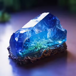 a blue mineral is on display on a table