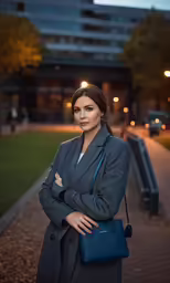 woman wearing a gray coat standing on the sidewalk in front of a building