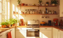 kitchen with white cabinets and appliances with plants on shelves