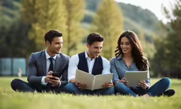 three people in ties are sitting on the grass looking at an electronic device