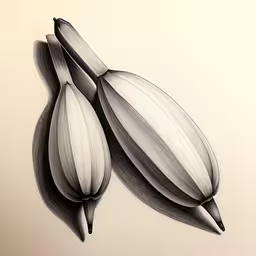 two flower stems and two leaves with long, thin strips of stem,a drawing of three lily buds on a white surface,the top of two bananas has no leaves,black and white photograph of flowers against a beige background,the drawing shows two flower petals and a stem