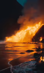 a massive fire that is burning over the ocean