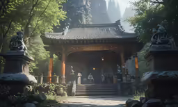 a chinese styled structure with statues and trees