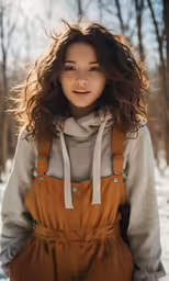 woman with long brown hair and overalls in snow