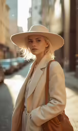 a blonde haired woman in a white hat, coat and white jacket