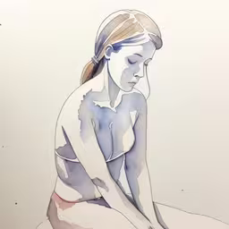 a woman with long hair sitting down and looking at something