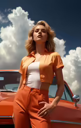 woman standing in front of a car wearing an orange suit