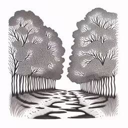 two trees are next to each other in a pond,an open window in a black and white drawing,some trees with branches and water running through them,some trees and the water are in black and white,an artistic image of trees and water