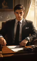 a man sitting at a desk signing papers