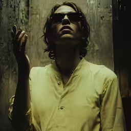 a man in sunglasses standing on top of a sidewalk