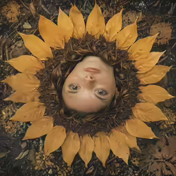 a child with a face of sunflower