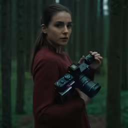 a woman with a camera standing in the middle of a forest