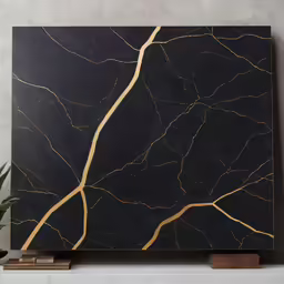 the contemporary art work is black with gold details