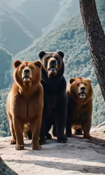 three brown bears standing in front of a tree