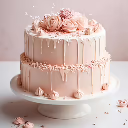 pink fondant cake with chocolate frosting on table