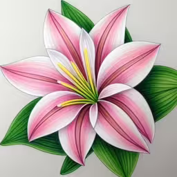 pink and white flower painted with colored pencils,a pink flower with green leaves is depicted
