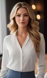 a woman wearing a white shirt and blue pants