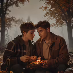 two people sitting in the woods, looking at one another