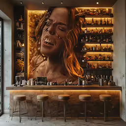 a wall with bottles and candles surrounding it is lit up by lights