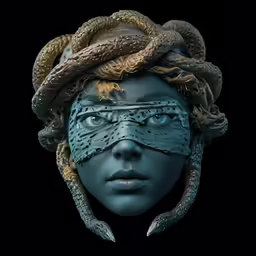 a person wearing a mask and snake head covering their eyes