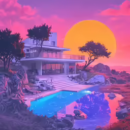 a colorful image of a house with the sun rising over it
