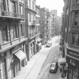 a city street with buildings, cars and windows
