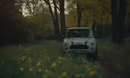 an old car parked by a trail in the woods