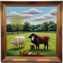 an acrylic painting of a cow and her babies in the field,painting of farm animals with sky in background