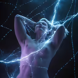 a nude man is surrounded by lightning wires