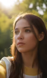 a girl in a yellow shirt looking out into the distance