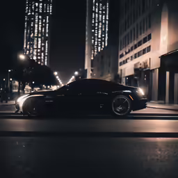 a black sports car in the middle of a city street