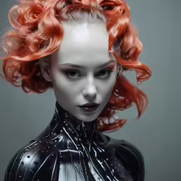 the face of a creepy, sad and red headed woman with bright orange hair