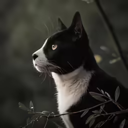 a black and white cat with a green leafy branch