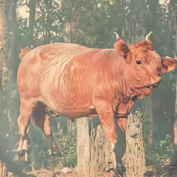 a large brown cow is standing next to a tree