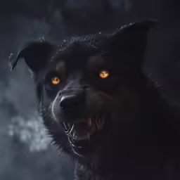 a close - up of an evil black wolf with glowing yellow eyes