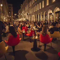 a group of people sitting down at tables outside a building