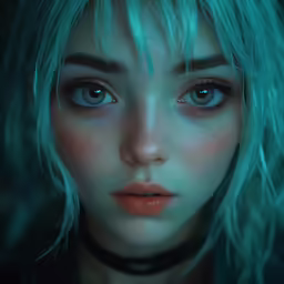 this beautiful girl with turquoise hair looks at the camera