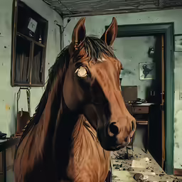 a horse in a room with lots of junk on the floor