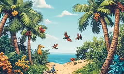 a painting of two people walking through the sand in a jungle