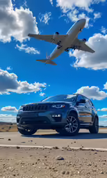 a plane is flying over an suv on the runway