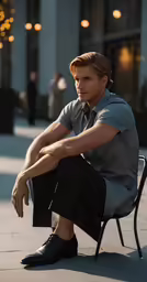 a man sitting on a bench with a hand on his knee