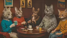 a family eating tea with their cats