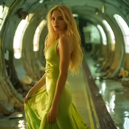 the woman is dressed in a yellow dress